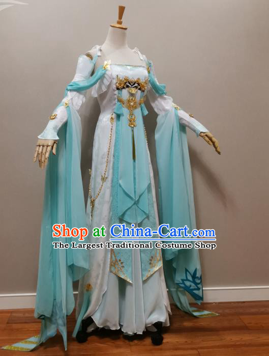 Professional China Ancient Princess Blue Dress Outfits Traditional Flying Fairy Clothing Cosplay Goddess Garment Costumes