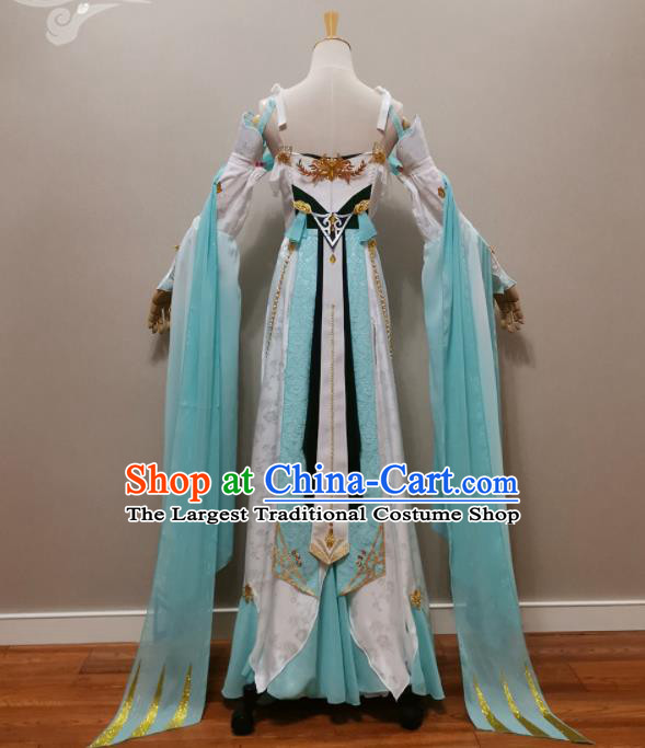 Professional China Ancient Princess Blue Dress Outfits Traditional Flying Fairy Clothing Cosplay Goddess Garment Costumes