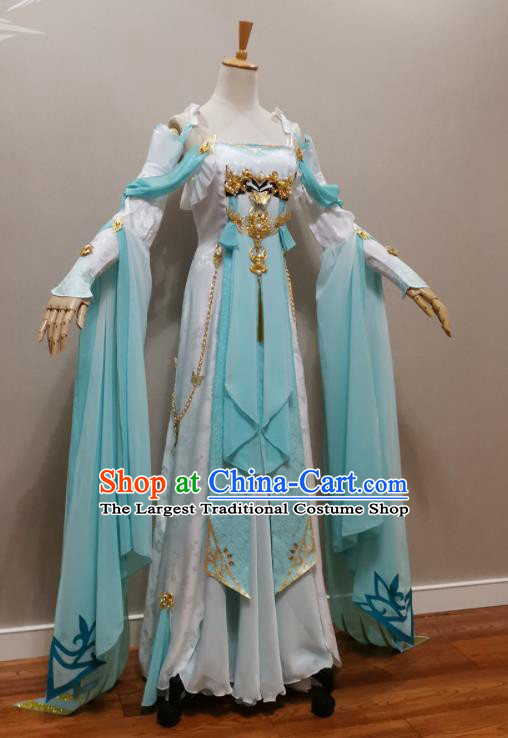 Professional China Ancient Princess Blue Dress Outfits Traditional Flying Fairy Clothing Cosplay Goddess Garment Costumes