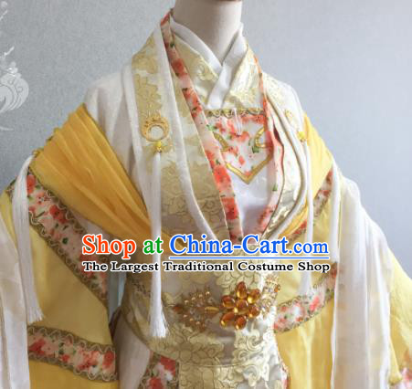 China Traditional Puppet Show Swordswoman Feng Cailing Clothing Cosplay Empress Garment Costumes Ancient Young Beauty Yellow Dress Outfits