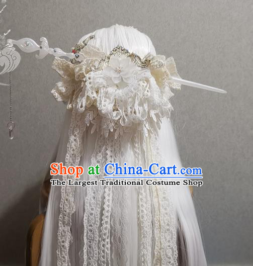 China Cosplay Young Beauty Headdress Ancient Fairy Princess White Wigs and Hairpins Headpieces Traditional Puppet Show Swordswoman Hair Accessories