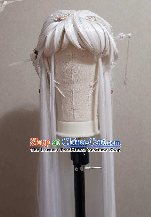 China Cosplay Young Beauty Headdress Ancient Fairy Princess White Wigs and Hairpins Headpieces Traditional Puppet Show Swordswoman Hair Accessories