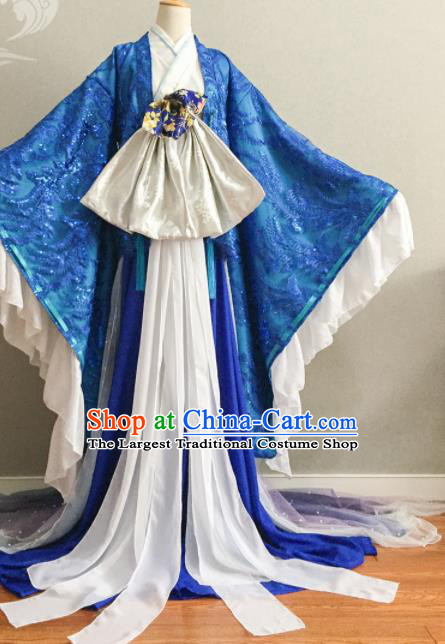 China Ancient Young Beauty Blue Dress Outfits Traditional Empress Clothing Cosplay Queen Garment Costumes