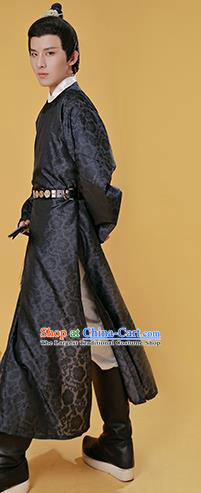 China Traditional Hanfu Black Round Collar Robe Song Dynasty Scholar Historical Clothing Ancient Young Childe Garment Costume