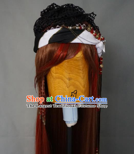 China Cosplay Swordswoman Headdress Ancient Heroine Brown Wigs and Headpieces Traditional Puppet Show Female Warrior Hair Accessories