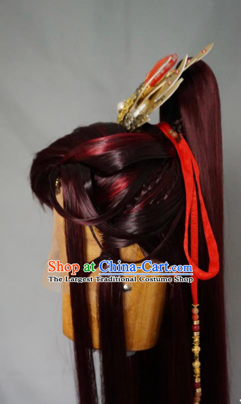 Chinese Cosplay Knight Red Front Lace Wigs and Hair Crown Traditional Puppet Show Swordsman Yi Guichen Hairpieces Handmade Ancient Prince Headdress