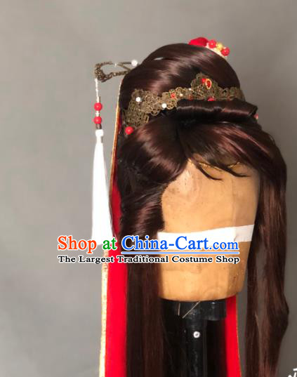 China Ancient Fairy Brown Wigs and Hairpins Headpieces Traditional Puppet Show Ji Yun Hair Accessories Cosplay Swordswoman Headdress