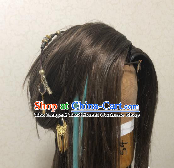 Chinese Cosplay Young Knight Wigs and Hair Crown Traditional Puppet Show Swordsman Yin Xiaoshen Hairpieces Handmade Ancient Chivalrous Childe Headdress