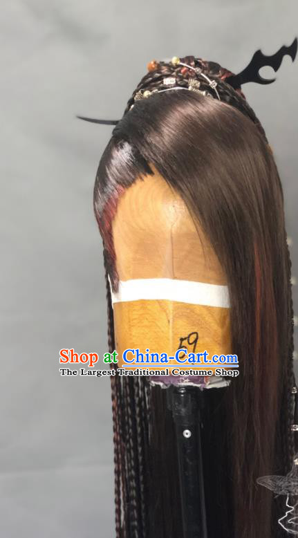 Chinese Traditional Puppet Show Swordsman Qianjin Shao Hairpieces Handmade Ancient Young Childe Headdress Cosplay Knight Braids Wigs and Hairpin