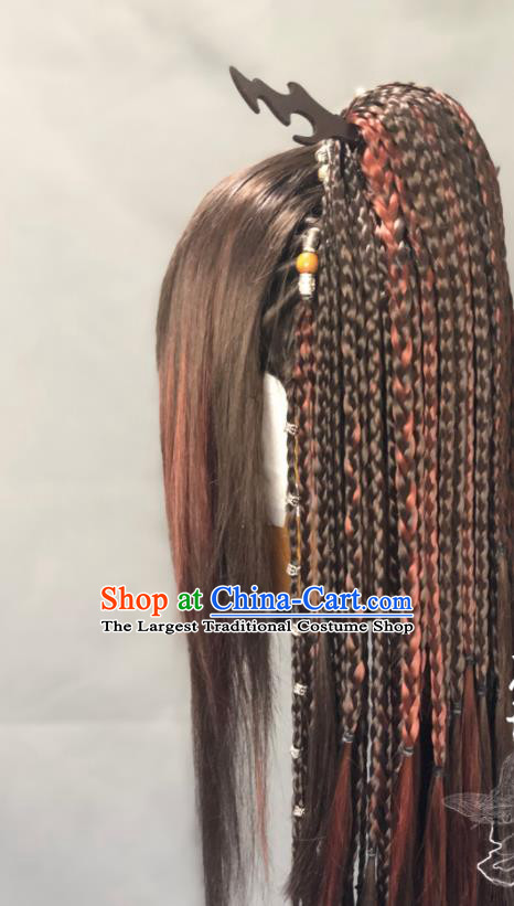 Chinese Traditional Puppet Show Swordsman Qianjin Shao Hairpieces Handmade Ancient Young Childe Headdress Cosplay Knight Braids Wigs and Hairpin