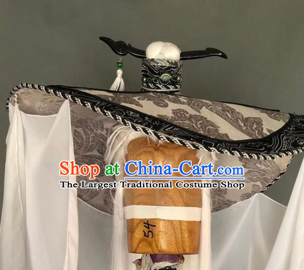 Chinese Cosplay Elderly Knight White Wigs and Curtain Hat Traditional Puppet Show Swordsman Hairpieces Handmade Ancient Taoist Headdress