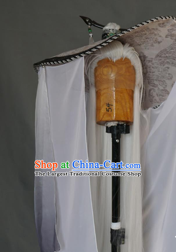 Chinese Cosplay Elderly Knight White Wigs and Curtain Hat Traditional Puppet Show Swordsman Hairpieces Handmade Ancient Taoist Headdress