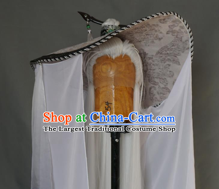 Chinese Cosplay Elderly Knight White Wigs and Curtain Hat Traditional Puppet Show Swordsman Hairpieces Handmade Ancient Taoist Headdress