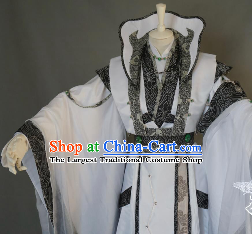 Chinese Cosplay Elderly Taoist Priest Clothing Ancient Castellan White Uniforms Traditional Puppet Show Swordsman Garment Costumes