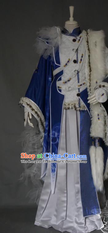 Chinese Traditional Puppet Show Swordsman Garment Costumes Cosplay Royal Prince Clothing Ancient King Blue Uniforms