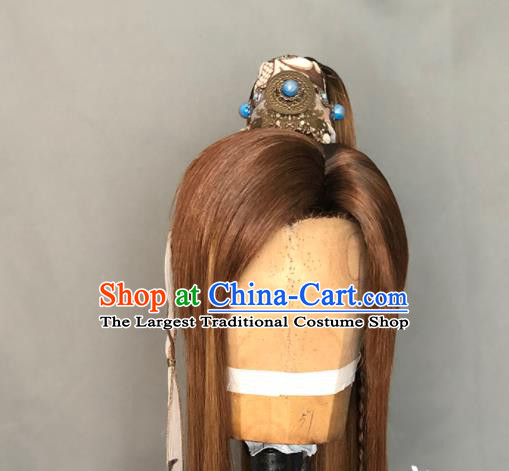 Chinese Handmade Ancient Young Hero Headdress Cosplay Knight Yellow Wigs and Hair Crown Traditional Puppet Show Swordsman Feng Xiaoyao Hairpieces