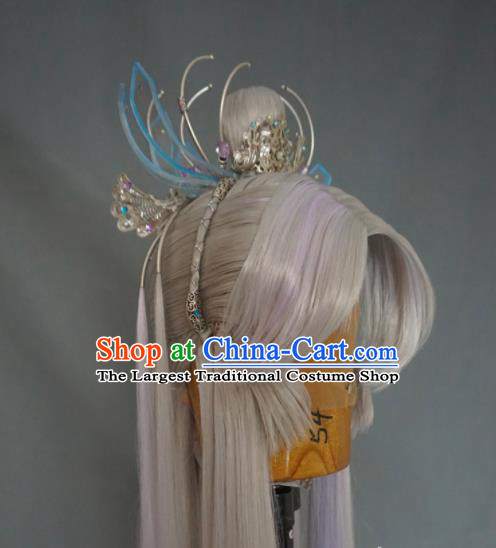 Chinese Traditional Puppet Show Swordsman Ren Piaomiao Hairpieces Handmade Ancient Elderly Male Headdress Cosplay Taoist Priest White Wigs and Hair Crown