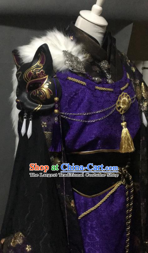 Chinese Ancient Young Hero Purple Uniforms Traditional Puppet Show King Garment Costumes Cosplay Swordsman Clothing