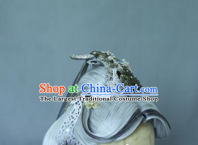China Cosplay Fairy Queen Headdress Ancient Swordswoman Gray Wigs and Hair Crown Headpieces Traditional Puppet Show Taoist Nun Hair Accessories