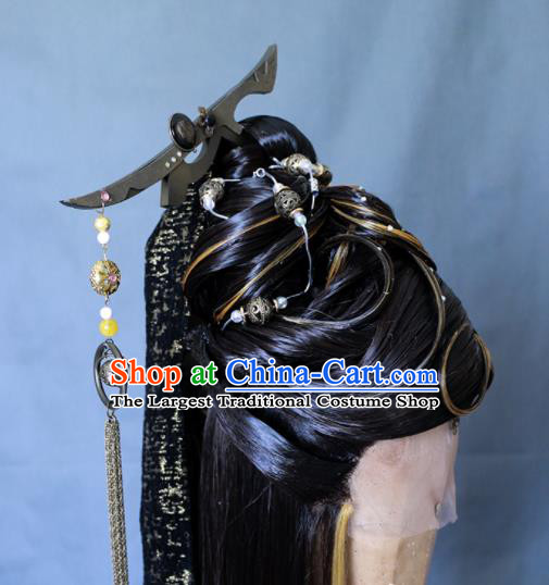 Chinese Cosplay Crown Prince Wigs and Hair Crown Traditional Puppet Show Young Childe Hairpieces Handmade Ancient Swordsman Headdress