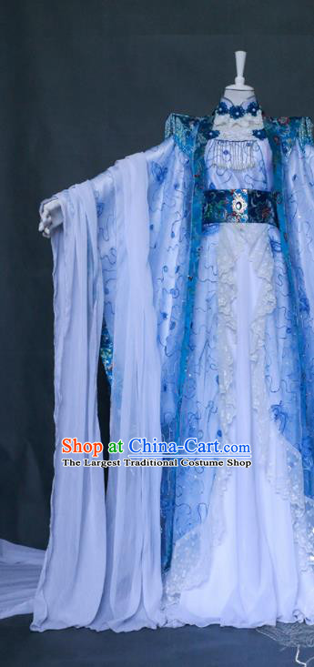 China Ancient Queen Light Blue Dress Outfits Traditional Puppet Show Empress Hanfu Clothing Cosplay Fairy Princess Garment Costumes
