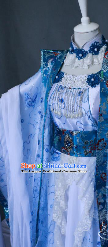 China Ancient Queen Light Blue Dress Outfits Traditional Puppet Show Empress Hanfu Clothing Cosplay Fairy Princess Garment Costumes