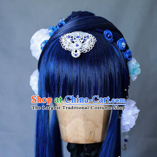 China Traditional Puppet Show Fairy Hair Accessories Cosplay Swordswoman Headdress Ancient Princess Blue Wigs and Hairpins Headpieces
