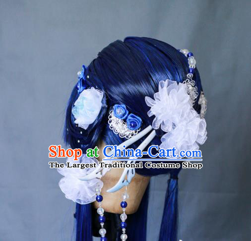 China Traditional Puppet Show Fairy Hair Accessories Cosplay Swordswoman Headdress Ancient Princess Blue Wigs and Hairpins Headpieces