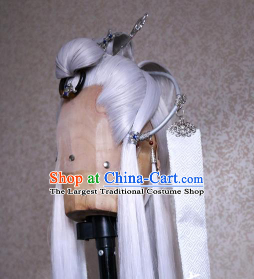 Chinese Traditional Puppet Show Elderly Knight Hairpieces Handmade Ancient Swordsman Headdress Cosplay Taoist Priest Gray Wigs and Hairpins