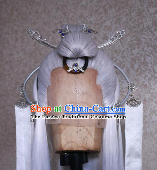 Chinese Traditional Puppet Show Elderly Knight Hairpieces Handmade Ancient Swordsman Headdress Cosplay Taoist Priest Gray Wigs and Hairpins