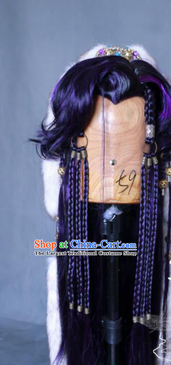 Chinese Cosplay Wolf Prince Purple Wigs and Hair Crown Traditional Puppet Show Hunter Hairpieces Handmade Ancient Swordsman Headdress