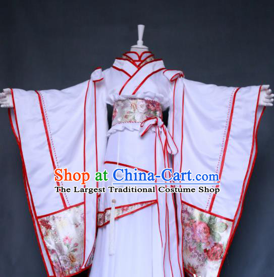 China Traditional Puppet Show Queen Hanfu Clothing Cosplay Fairy Princess Garment Costumes Ancient Empress White Dress Outfits