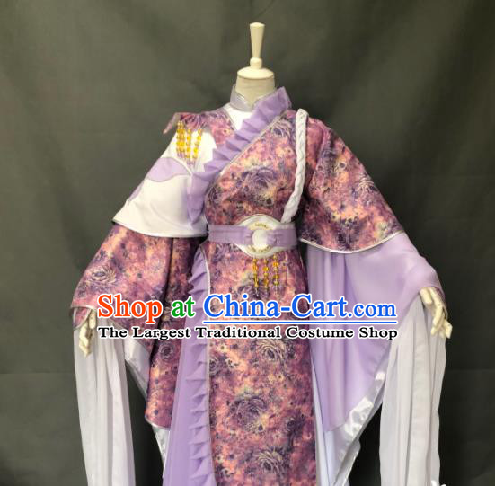 China Ancient Young Beauty Lilac Dress Outfits Traditional Puppet Show Swordswoman Hanfu Clothing Cosplay Fairy Garment Costumes