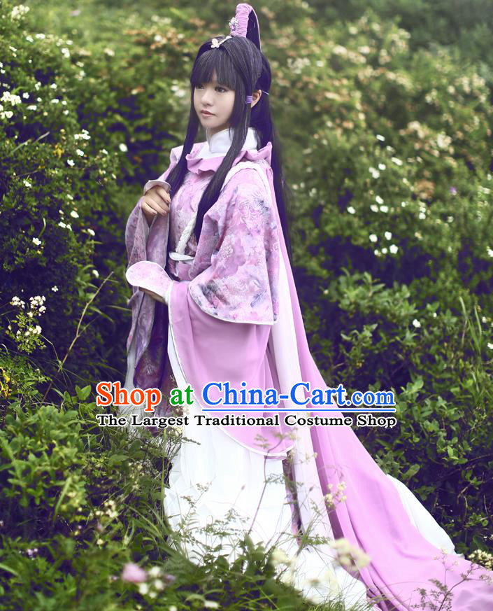China Ancient Young Beauty Lilac Dress Outfits Traditional Puppet Show Swordswoman Hanfu Clothing Cosplay Fairy Garment Costumes