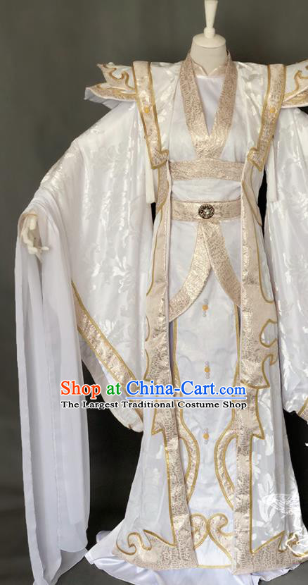 Chinese Ancient Crown Prince White Uniforms Traditional Puppet Show Swordsman Yun Huizi Garment Costumes Cosplay Noble Childe Clothing