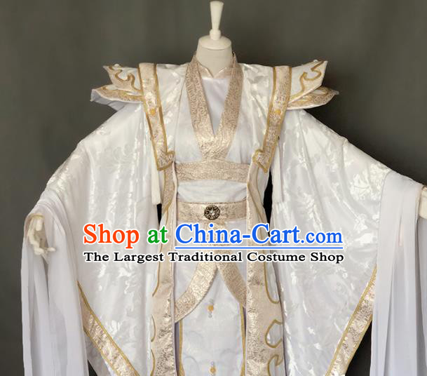 Chinese Ancient Crown Prince White Uniforms Traditional Puppet Show Swordsman Yun Huizi Garment Costumes Cosplay Noble Childe Clothing