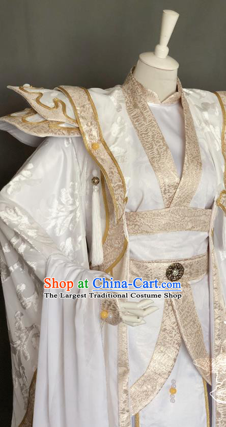 Chinese Ancient Crown Prince White Uniforms Traditional Puppet Show Swordsman Yun Huizi Garment Costumes Cosplay Noble Childe Clothing