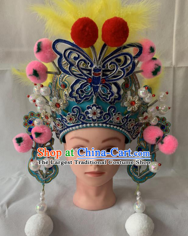 Chinese Peking Opera Swordswoman Blue Butterfly Helmet Traditional Opera Female General Headdress Beijing Opera Wudan Hat
