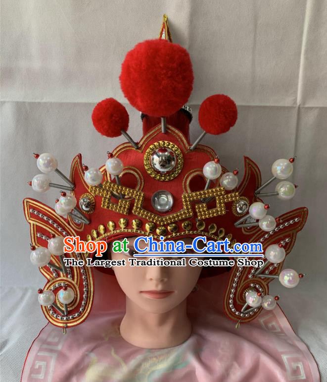 Handmade China Beijing Opera Warrior Headwear Ancient General Red Helmet Headdress Peking Opera Wusheng Hat