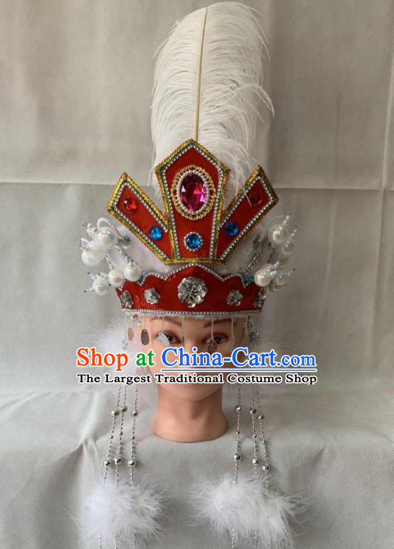 Chinese Traditional Opera Princess Headdress Beijing Opera Hua Tan Red Hat Peking Opera Diva Feather Hair Accessories