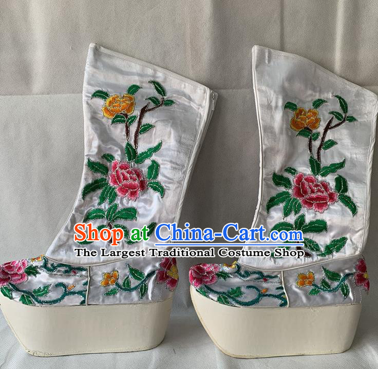Chinese Traditional Opera Emperor Embroidered Shoes Beijing Opera Xiaosheng Shoes Peking Opera White Official Boots