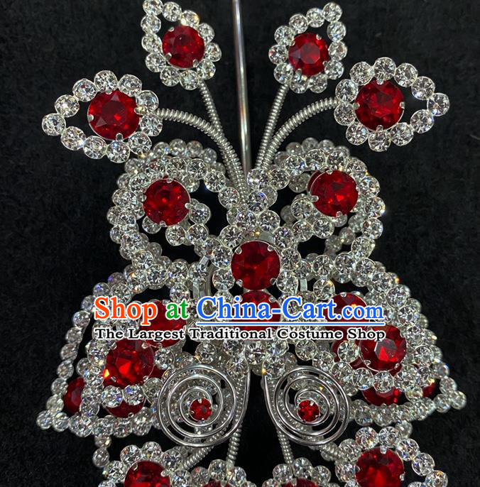 Chinese Traditional Opera Princess Red Butterfly Hairpin Beijing Opera Hua Tan Hair Accessories Peking Opera Actress Crystal Hair Crown