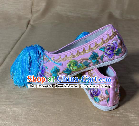 Handmade China Beijing Opera Actress Shoes Wedding Embroidered Shoes Ancient Princess Shoes Peking Opera Hua Tan Pink Satin Shoes