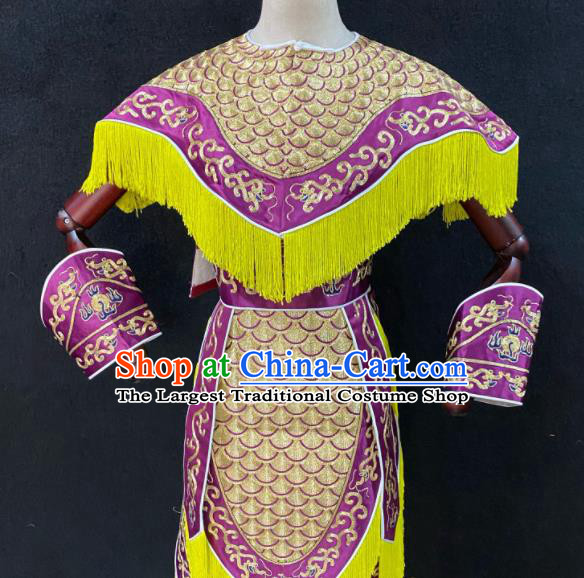 Chinese Peking Opera Swordsman Purple Armor Uniforms Traditional Opera Soldier Clothing Beijing Opera Wusheng Garment Costumes