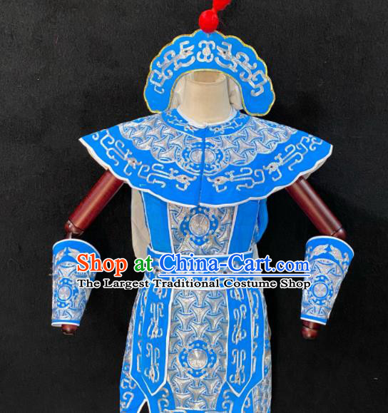 Chinese Traditional Opera Soldier Clothing Beijing Opera Wusheng Garment Costumes Peking Opera Swordsman Blue Armor Uniforms