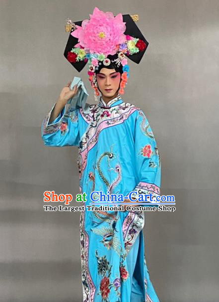 China Beijing Opera Empress Embroidered Blue Dress Traditional Opera Court Beauty Garment Costume Ancient Princess Clothing and Great Wing Headdress