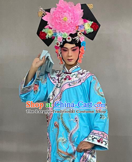 China Beijing Opera Empress Embroidered Blue Dress Traditional Opera Court Beauty Garment Costume Ancient Princess Clothing and Great Wing Headdress