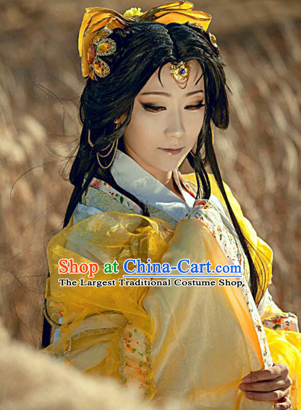 China Cosplay Fairy Princess Yellow Dress Outfits Traditional Puppet Show Feng Cailing Garment Costumes Ancient Swordswoman Clothing and Headdress