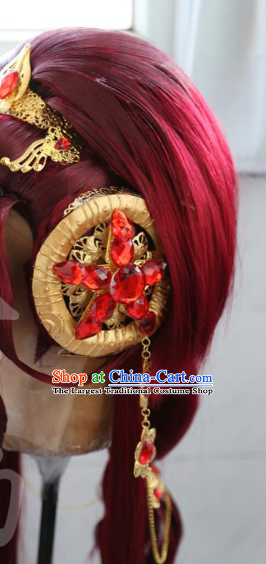 Chinese Traditional Puppet Show Empress Hairpieces Ancient Fairy Hair Accessories Cosplay Goddess Red Wigs Headdress