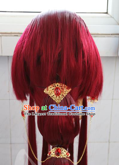 Chinese Traditional Puppet Show Empress Hairpieces Ancient Fairy Hair Accessories Cosplay Goddess Red Wigs Headdress